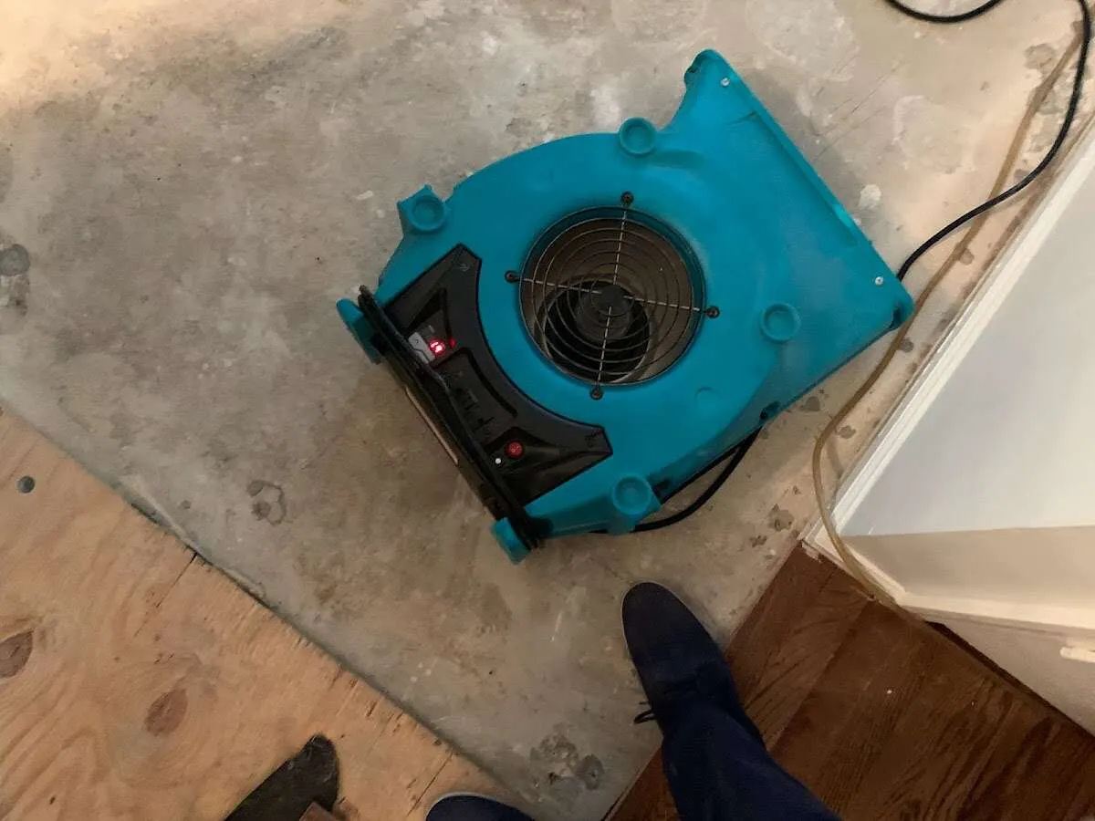 Air mover drying subfloor during Commercial Water Damage Restoration in Lenox